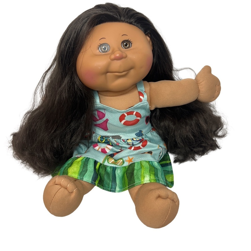 Charming Cabbage Patch Doll with Long Black Hair and Striped Dress - Picture 1 of 4